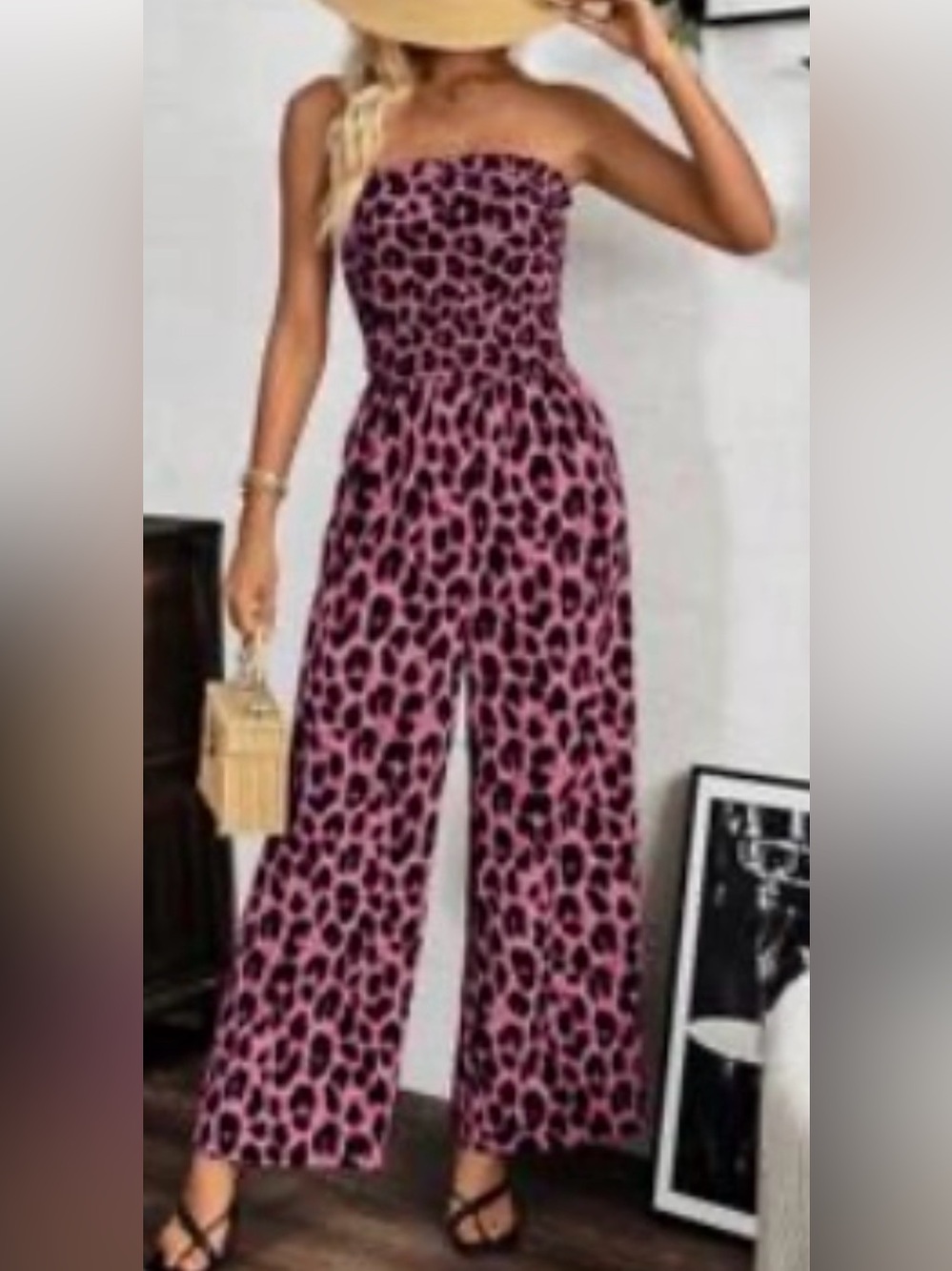 SHEIN Pink Leopard Print Strapless Wide-Leg Jumpsuit